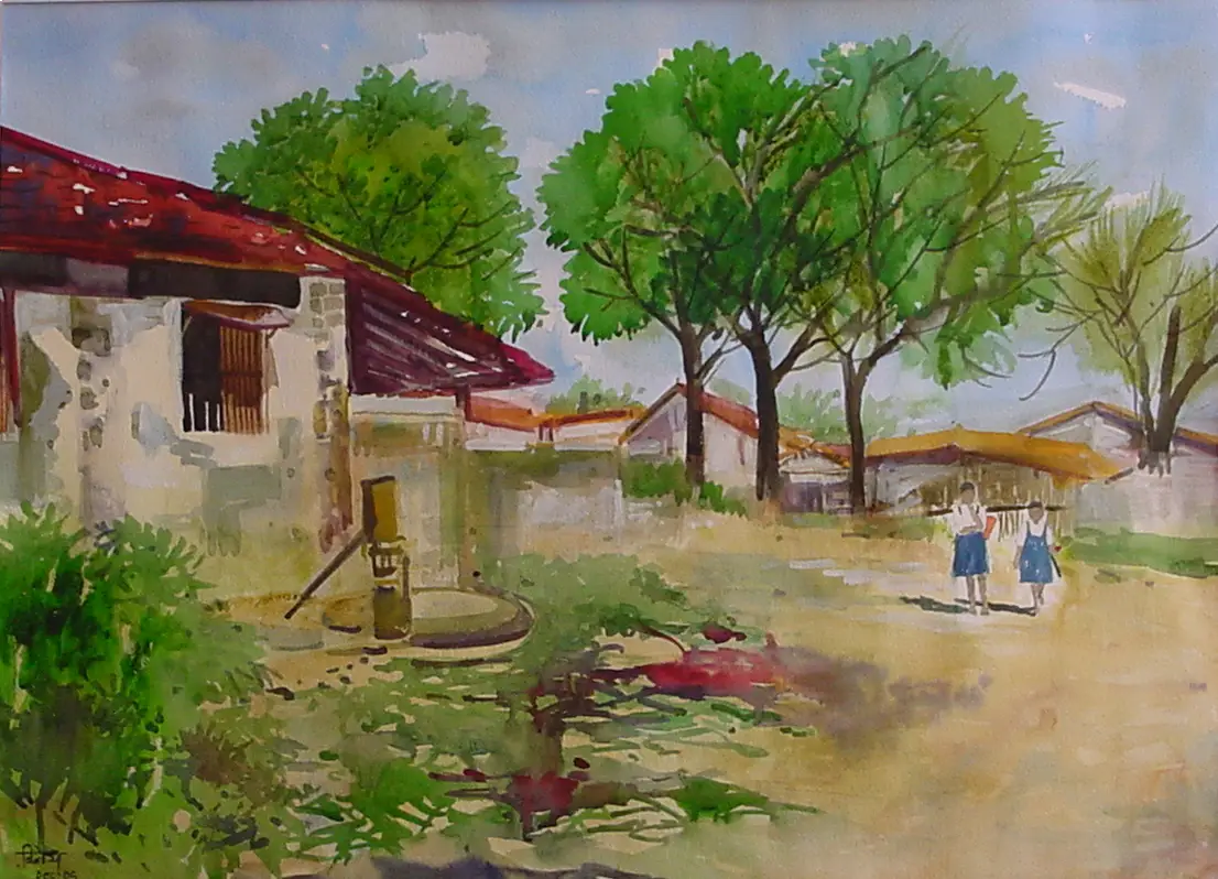 Two Girls Going to School - Traditional landscape painting by Vinay Sane